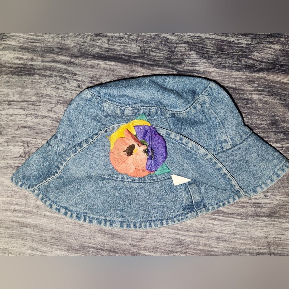 Denim Bucket Hat with Floral Patch - Blue - Picture 1 of 6